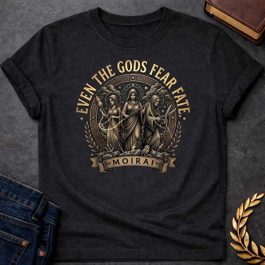 Black T-shirt graphic featuring a detailed vintage engraving-style circular badge design in gold and dark brown tones. Three robed figures representing the Moirai, the Greek Fates, stand together at the center — the first holding a spindle and thread, the middle holding a measuring rod with a lightning bolt at her feet, and the eldest holding scissors poised to cut — with an owl perched below them, framed by a Greek meander border, laurel branches, and divine halos. Gold distressed text arches above reading