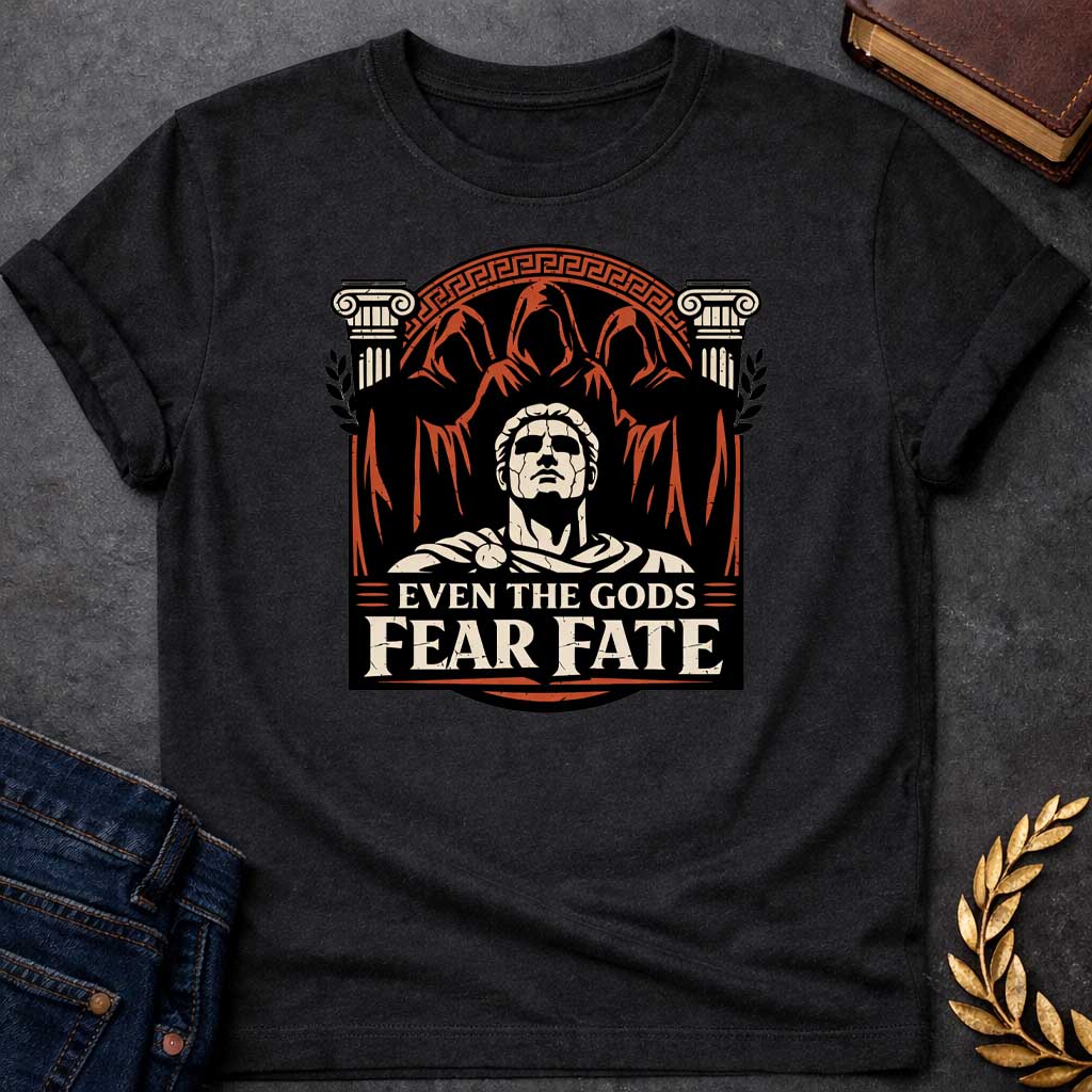 Black shirt featuring a striking graphic design with a classical Greek aesthetic. In the center, a cracked marble bust of a Roman figure gazes upward, flanked by two Ionic columns. Looming behind the statue are three shadowy, hooded figures representing the Fates. The scene is enclosed in a circular Greek key border. The color palette is a bold trio of cream, burnt orange, and black. Below the art, the text reads "EVEN THE GODS" in a clean serif font and "FEAR FATE" in large, distressed block letters