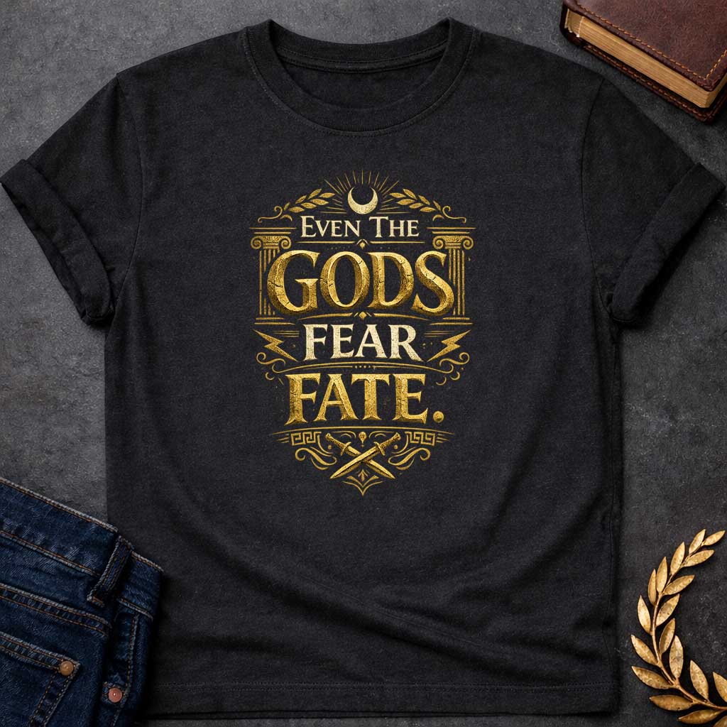 Black t-shirt featuring a high-contrast, mythic gold design. The text reads 'EVEN THE GODS FEAR FATE.' in distressed, 3D chiseled gold letters. The typography is framed by Greek architectural elements: an Ionic column on each side, a top crescent moon with laurel branches, jagged lightning bolts, and a bottom section with crossed ancient daggers above a Greek key pattern. The overall aesthetic resembles weathered, metallic ancient stone carvings, creating a vintage and powerful look.