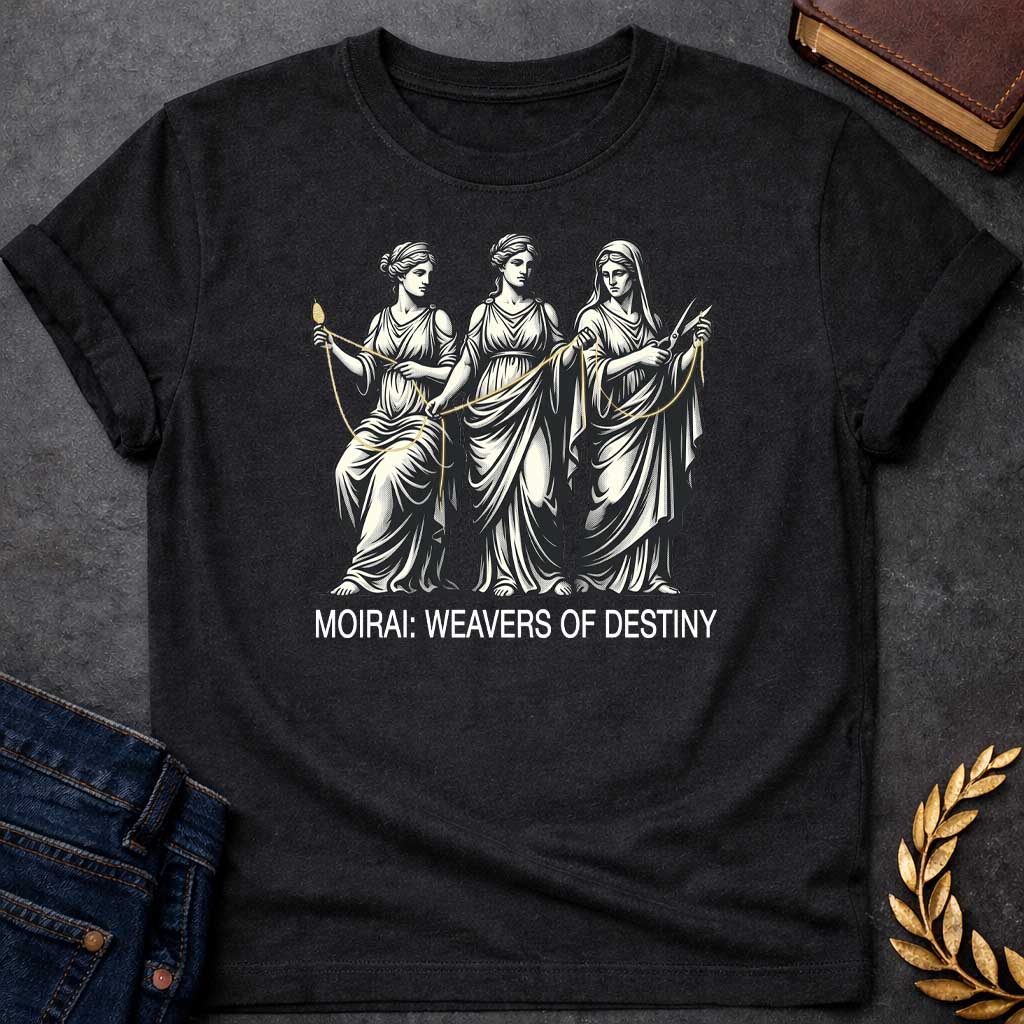 Black T-shirt graphic in cream and gold on black featuring a detailed classical engraving-style illustration of the three Moirai, the Greek Fates, depicted as robed women in draped Grecian gowns — the first seated and spinning a golden thread from a spindle, the middle measuring and guiding the thread, and the third holding scissors ready to cut — with a single golden thread visibly connecting all three figures. Bold white sans-serif text below reads "Moirai: Weavers of Destiny,"