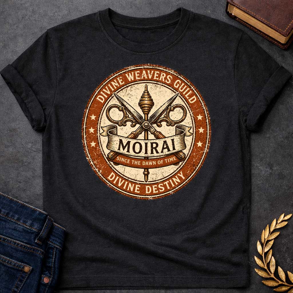 Black T-shirt graphic featuring a distressed vintage trade guild seal design in burnt orange, cream, and dark brown. A central spindle crossed with ornate decorative scissors forms the badge's main emblem, with a scroll banner reading "Moirai" and a smaller ribbon below reading "Since the Dawn of Time." The outer ring reads "Divine Weavers Guild" arched above and "Divine Destiny" arched below, with small stars evenly spaced around the border, rendered in a weathered aged stamp style,