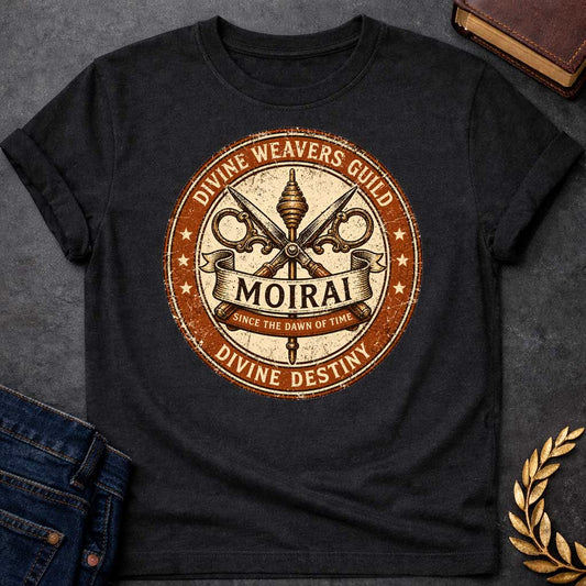 Black T-shirt graphic featuring a distressed vintage trade guild seal design in burnt orange, cream, and dark brown. A central spindle crossed with ornate decorative scissors forms the badge's main emblem, with a scroll banner reading "Moirai" and a smaller ribbon below reading "Since the Dawn of Time." The outer ring reads "Divine Weavers Guild" arched above and "Divine Destiny" arched below, with small stars evenly spaced around the border, rendered in a weathered aged stamp style,