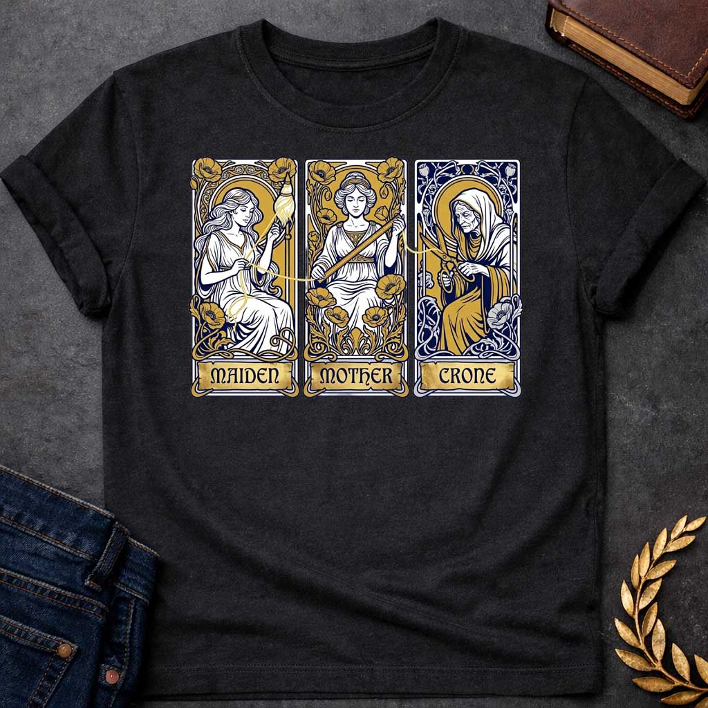 Black T-shirt graphic featuring three Art Nouveau-style tarot card panels in navy, gold, and white, each depicting one of the Moirai, the Greek Fates, as the triple goddess archetypes. The first panel shows the Maiden as a young woman spinning a golden thread from a spindle amid poppies, labelled "Maiden." The middle panel shows the Mother as a composed woman measuring the thread with a ruler surrounded by blooming poppies, labelled "Mother." The third panel shows the Crone as an elderly hooded woman holdin