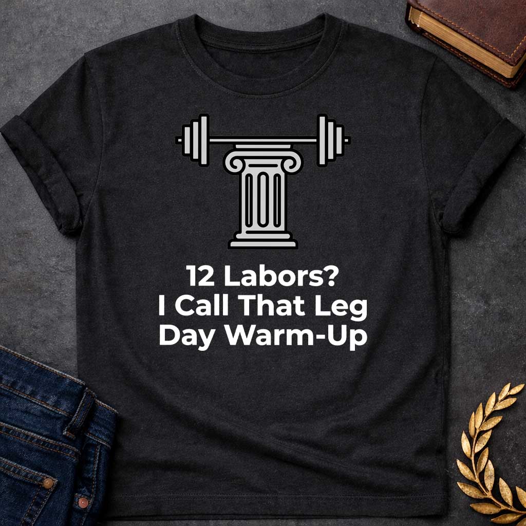 Black T-shirt with a graphic design. At the top, there is a gray illustration of a classical Greek column supporting a barbell with weight plates on both sides. Below the illustration, the white text reads: "12 Labors? I Call That Leg Day Warm-Up"