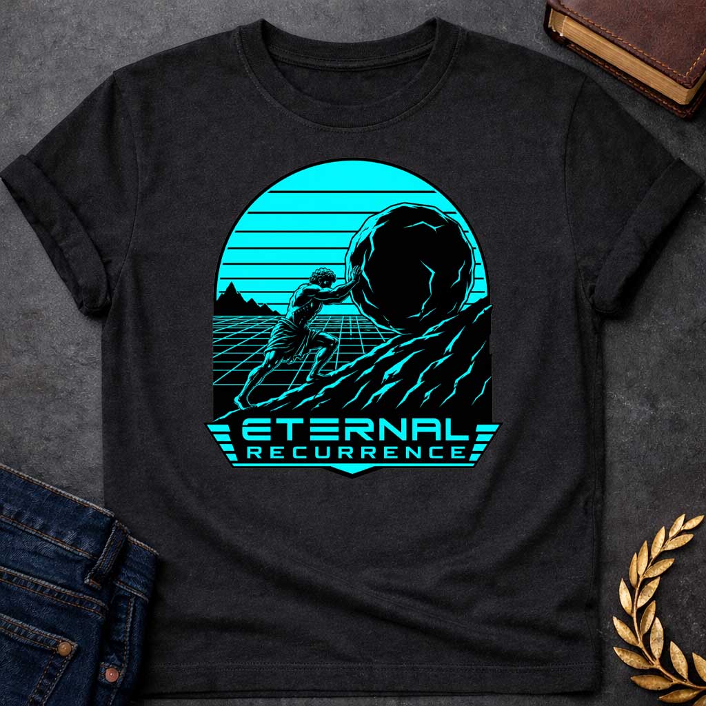 Black T-Shirt with a stylized, synthwave-inspired graphic design.  The illustration features a muscular figure representing Sisyphus pushing a large boulder up a rocky hill. The background is a cyan-colored grid landscape with a setting sun, typical of 1980s retro aesthetics, all contained within an arched frame. Below the illustration, in a futuristic, bold cyan font, is the text "ETERNAL RECURRENCE,"