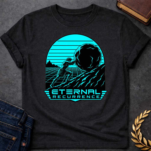 Black T-Shirt with a stylized, synthwave-inspired graphic design.  The illustration features a muscular figure representing Sisyphus pushing a large boulder up a rocky hill. The background is a cyan-colored grid landscape with a setting sun, typical of 1980s retro aesthetics, all contained within an arched frame. Below the illustration, in a futuristic, bold cyan font, is the text "ETERNAL RECURRENCE,"
