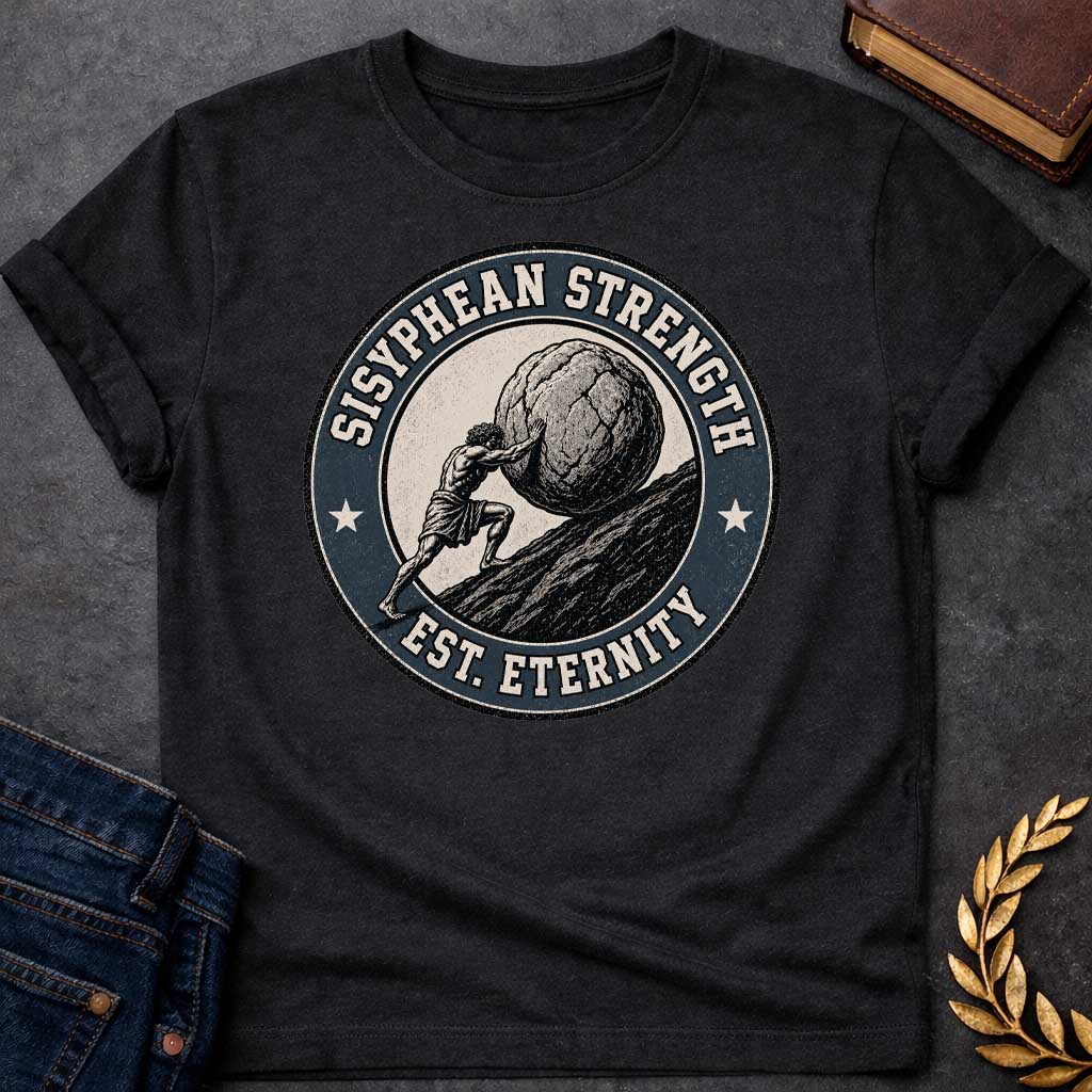 Black T-Shirt with a circular, vintage-style badge design.  The illustration features a woodcut-style depiction of Sisyphus pushing a massive boulder up a steep, rocky hill. Encircling the artwork is a dark blue, textured border with the text "SISYPHEAN STRENGTH" arched at the top and "EST. ETERNITY" at the bottom, accented by a small white star on either side