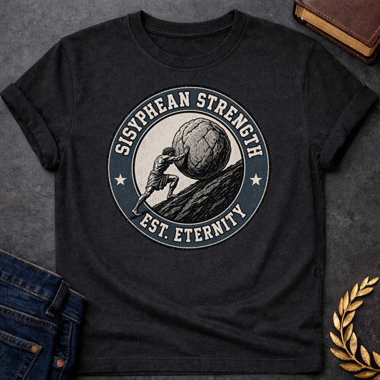 Black T-Shirt with a circular, vintage-style badge design.  The illustration features a woodcut-style depiction of Sisyphus pushing a massive boulder up a steep, rocky hill. Encircling the artwork is a dark blue, textured border with the text "SISYPHEAN STRENGTH" arched at the top and "EST. ETERNITY" at the bottom, accented by a small white star on either side