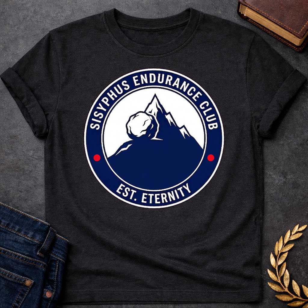 Black T-Shirt with a circular, emblem-style graphic design. The center features a dark blue silhouette of a mountain with a large boulder resting near the peak. Surrounding this illustration is a dark blue ring with white text that reads "SISYPHUS ENDURANCE CLUB" arched at the top and "EST. ETERNITY" at the bottom, with two small red dots separating the text on the sides.