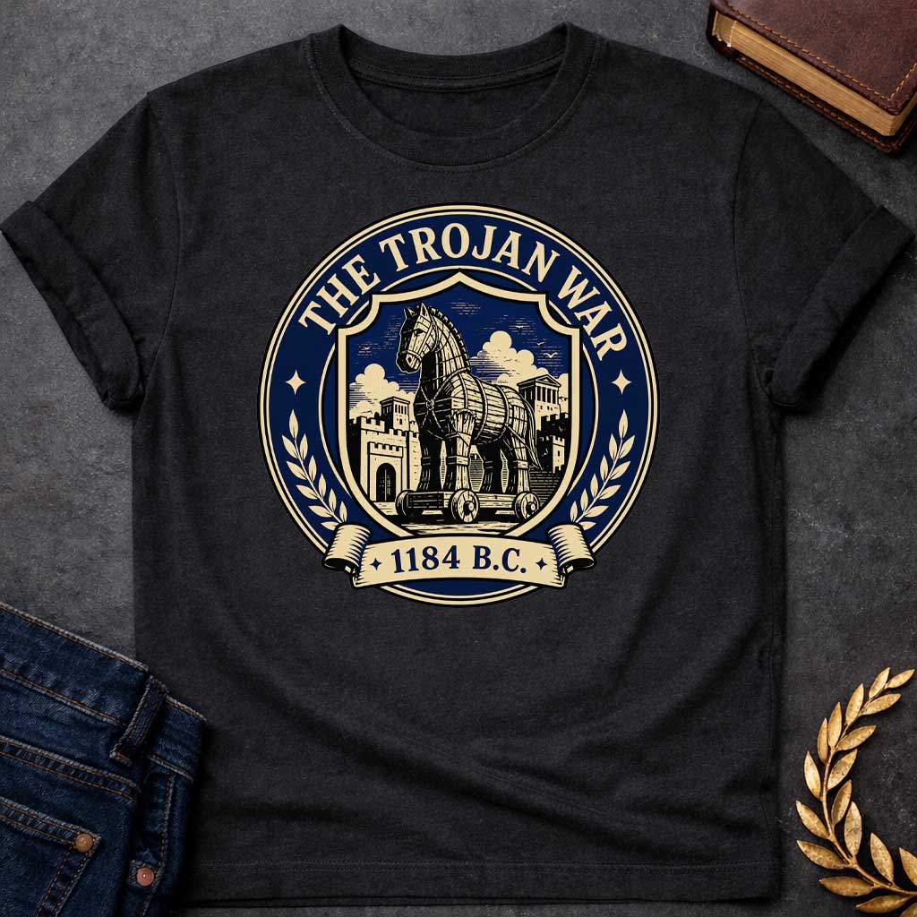 Black T-shirt with a graphic featuring a formal vintage seal design in navy and cream. A detailed engraving-style illustration of the Trojan Horse on wheels is centered within a shield, set against the walled city of Troy with Greek temple columns and dramatic clouds. Text arched around the outer circle reads "The Trojan War" with gold diamond stars, flanked by cream laurel branches, and a scroll banner below reads "1184 B.C." — referencing the legendary Trojan War from Greek mythology