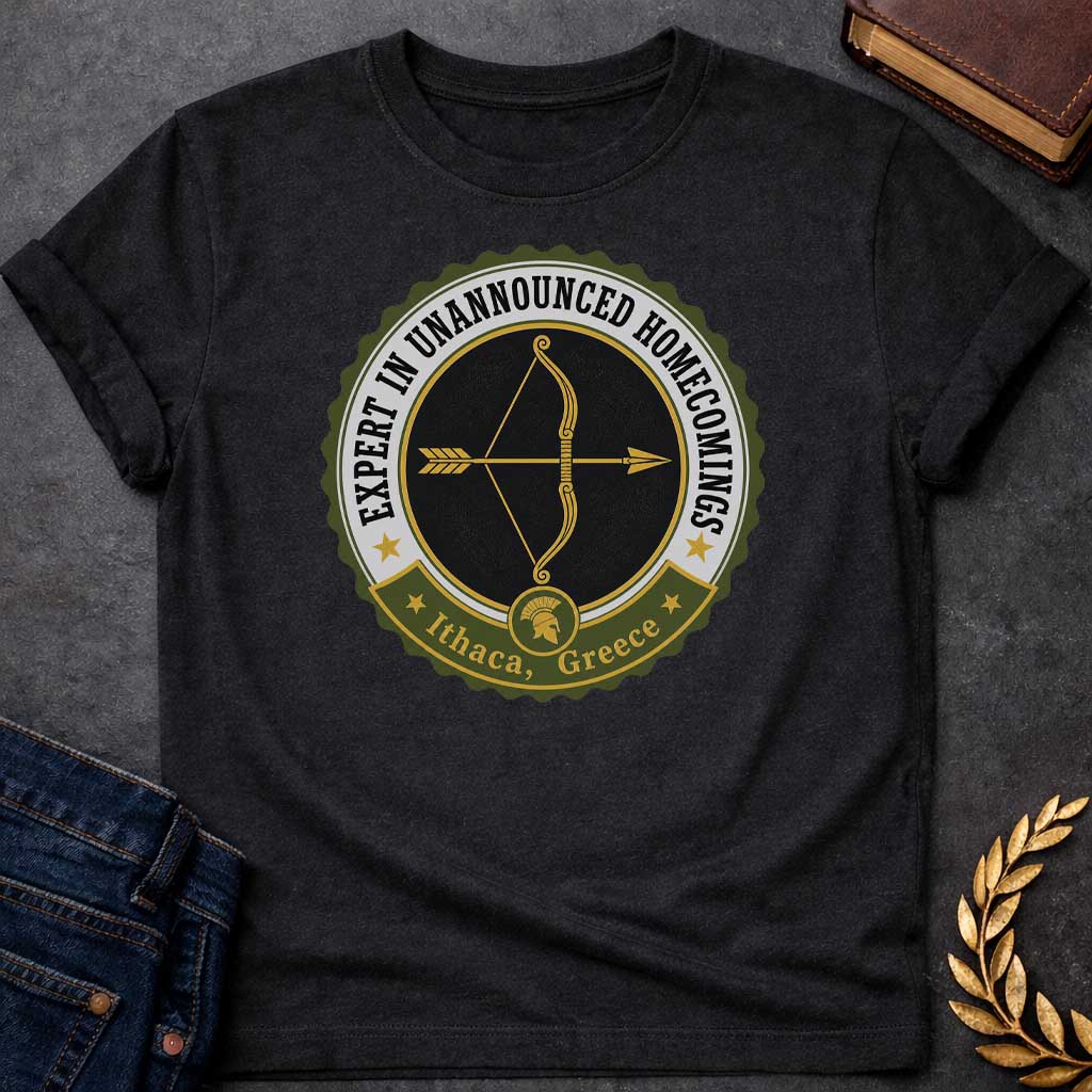 Black T-shirt with a graphic featuring a vintage military challenge coin-style badge design in olive green, black, gold, and white. A golden bow and arrow are centered on a black background within the circular badge, with text arched around the outer ring reading "Expert in Unannounced Homecomings" flanked by gold stars. A green ribbon banner at the bottom features a Spartan helmet medallion and reads "Ithaca, Greece" with gold stars — a humorous reference to Odysseus, the hero of Homer's Odyssey who famous