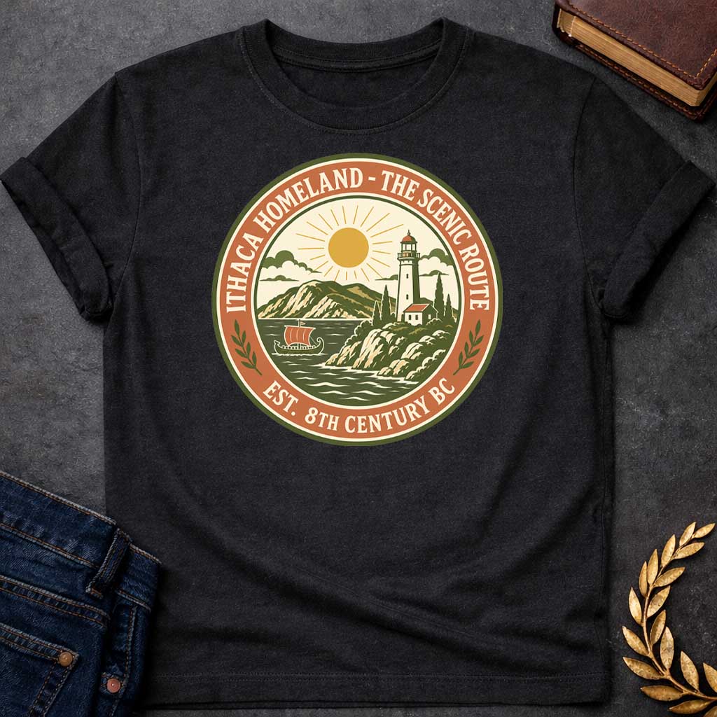 Black T-Shirt with a Circular badge design for Ithaca Homeland - The Scenic Route, established 8th Century BC. The vintage-style emblem features a coastal Mediterranean landscape with a lighthouse, small white building with red roof, cypress trees, and rolling hills in the background. A golden sun with radiating rays shines above the scene, while stylized waves crash in the foreground. A traditional Greek ship with an orange sail floats on the water. The design uses an earthy color palette of olive green, t