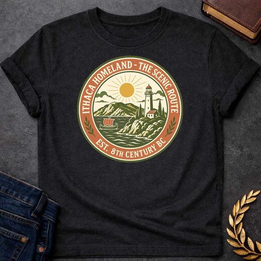 Black T-Shirt with a Circular badge design for Ithaca Homeland - The Scenic Route, established 8th Century BC. The vintage-style emblem features a coastal Mediterranean landscape with a lighthouse, small white building with red roof, cypress trees, and rolling hills in the background. A golden sun with radiating rays shines above the scene, while stylized waves crash in the foreground. A traditional Greek ship with an orange sail floats on the water. The design uses an earthy color palette of olive green, t