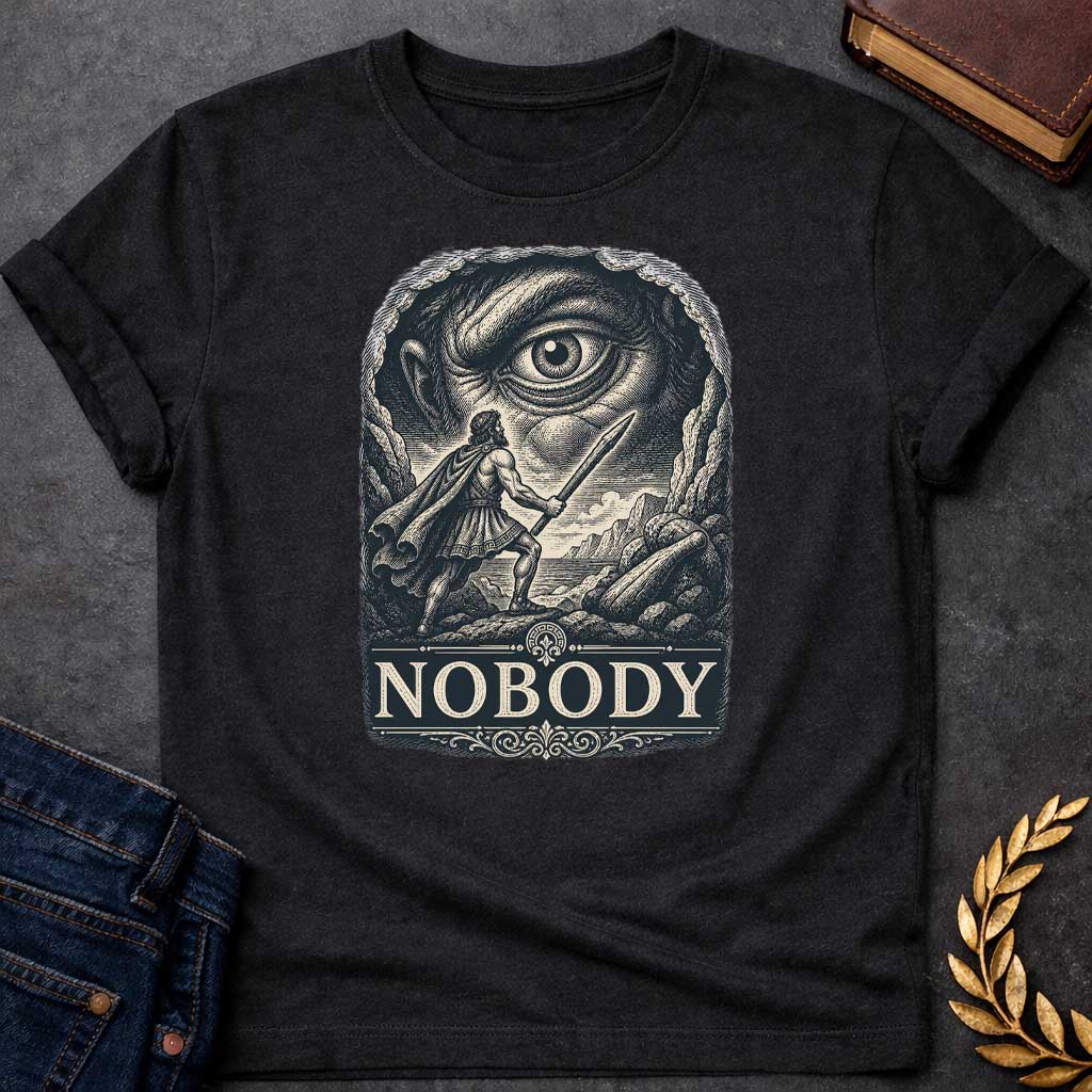Black T-Shirt with a Vintage engraving illustration of Odysseus confronting Polyphemus the Cyclops. A Greek warrior in armor wields a wooden stake, facing an enormous eye that dominates the composition. The scene is rendered in intricate crosshatching with cream and dark blue-black tones. At the bottom, ornate typography spells 'NOBODY' in classical serif letters, referencing Odysseus's famous trick of calling himself 'Nobody' to escape the Cyclops. 