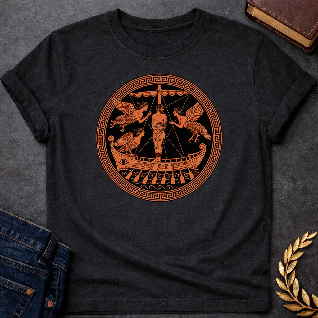 Black T-Shirt with an Ancient Greek red-figure pottery design depicting Odysseus lashed to the mast of his ship as he encounters the Sirens. A bearded man is bound to the central mast, surrounded by three winged Sirens with women's heads and birds' bodies. The ship features an eye on the hull, oars, and decorative scrollwork. Rendered in terracotta orange against black, enclosed in a Greek key border. Represents the Homeric episode where Odysseus hears the Sirens' song without succumbing to their allure.