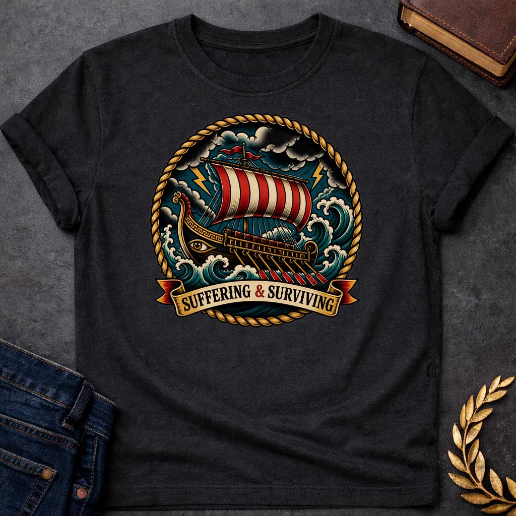 Black T-Shirt with a traditional tattoo-style illustration of a Greek warship battling through a storm at sea, enclosed in a circular rope border. The vessel features an eye on its dark hull, red and cream striped sail, and multiple oars. The ship navigates turbulent teal waves under stormy skies with yellow lightning bolts. A ribbon banner reads 'SUFFERING & SURVIVING.' Rendered in bold vintage tattoo aesthetic with deep teals, reds, golds, and blacks, emphasizing perseverance through adversity.