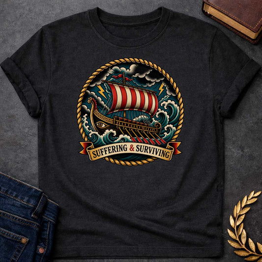 Black T-Shirt with a traditional tattoo-style illustration of a Greek warship battling through a storm at sea, enclosed in a circular rope border. The vessel features an eye on its dark hull, red and cream striped sail, and multiple oars. The ship navigates turbulent teal waves under stormy skies with yellow lightning bolts. A ribbon banner reads 'SUFFERING & SURVIVING.' Rendered in bold vintage tattoo aesthetic with deep teals, reds, golds, and blacks, emphasizing perseverance through adversity.