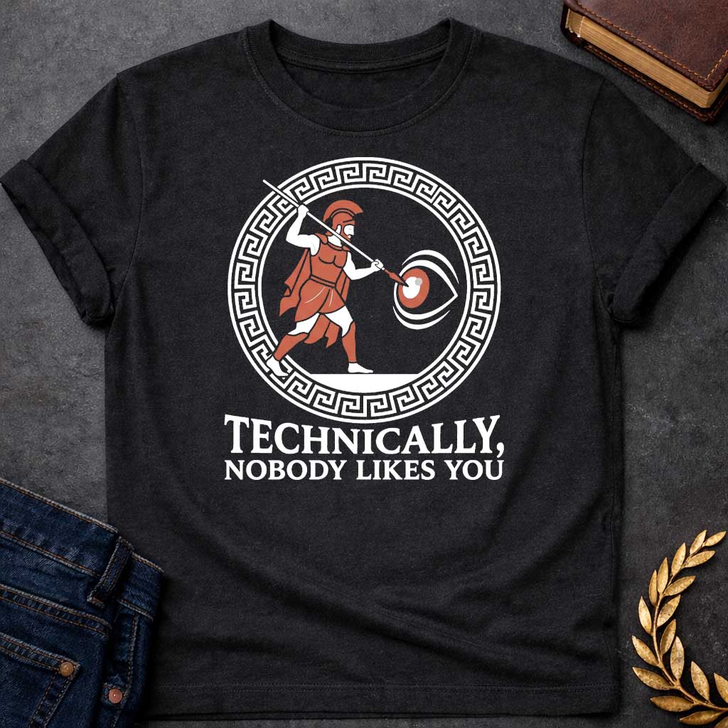 Black T-Shirt with a humorous Greek mythology design showing Odysseus blinding Polyphemus, rendered in ancient pottery style. A Greek warrior in terracotta and black wears a crested helmet and thrusts a spear toward a large eye. Enclosed in a Greek key pattern border. Bold text reads 'TECHNICALLY, NOBODY LIKES YOU' - a clever play on the Odyssey episode where Odysseus tells the Cyclops his name is 'Nobody.' Combines classical Greek aesthetic with modern dark humor.