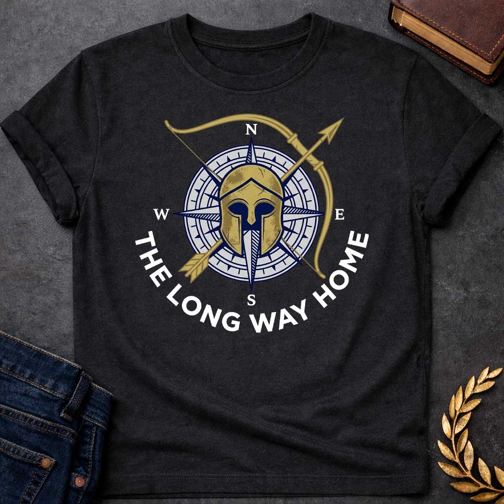Black T-Shirt with a logo design combining Greek warrior imagery with nautical navigation elements. A weathered gold Corinthian helmet overlays a navy blue and white compass rose showing cardinal directions (N, S, E, W). A golden bow and arrow cross diagonally behind. Text reading 'THE LONG WAY HOME' curves around the bottom in navy blue. References Odysseus's epic journey in Homer's Odyssey, blending ancient Greek military symbolism with maritime wayfinding to evoke adventure, perseverance, and the voyage 
