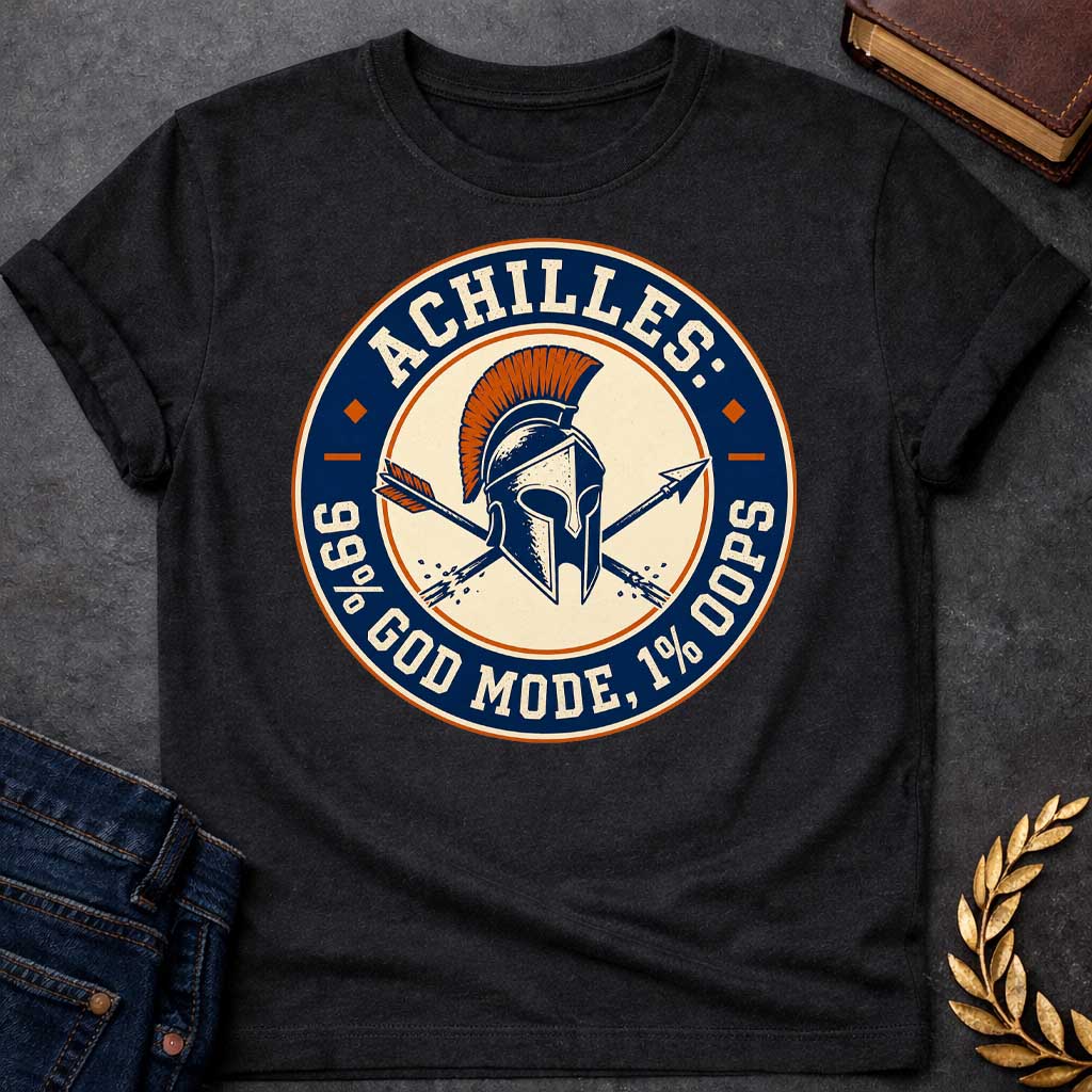 Black T-Shirt with a circular badge design in navy blue, cream, and burnt orange featuring a Greek Corinthian helmet with orange horsehair crest, crossed by two arrows. Styled like a vintage achievement badge. Text reads 'ACHILLES:' at top, '99% GOD MODE, 1% OOPS' at bottom. Humorously references Achilles and his famous vulnerability—his heel—suggesting he was nearly invincible (99% in 'god mode') except for one fatal weakness (1% 'oops'). Distressed, retro aesthetic mimics vintage sports or gaming badges.