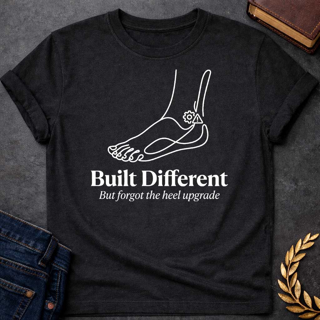 Black T-Shirt with a minimalist line drawing of a human foot and ankle in dark gray profile, with a gear and a warning triangle icon near the heel. Below, bold serif text reads 'Built Different' and italicized text says 'But forgot the heel upgrade.' This design is a humorous, modern take on the myth of Achilles, playing on the slang 'built different' while joking that the hero's famous weakness was like a manufacturing defect or a forgotten software update 