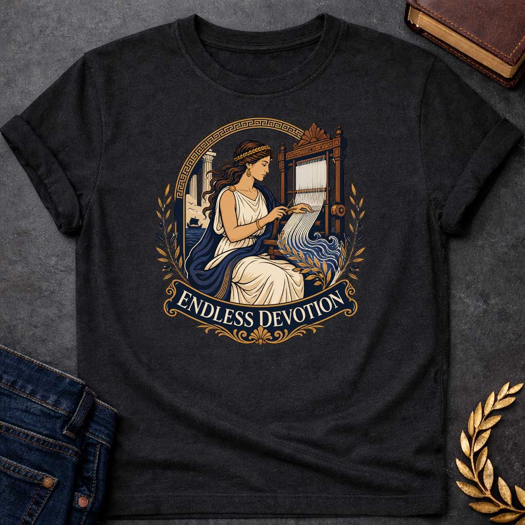 Black T-Shirt with a classical illustration of Penelope from Greek mythology, seated at an ornate wooden loom, weaving. She wears a cream chiton with navy blue drape and a golden laurel crown, with long wavy brown hair. Behind her, a Greek temple column and ship at sea are visible. The scene is framed by a Greek key pattern arch and olive branches. An ornate banner below reads 'ENDLESS DEVOTION.' Rich colors of navy, cream, gold, and brown depict Penelope's faithful waiting for Odysseus' return.