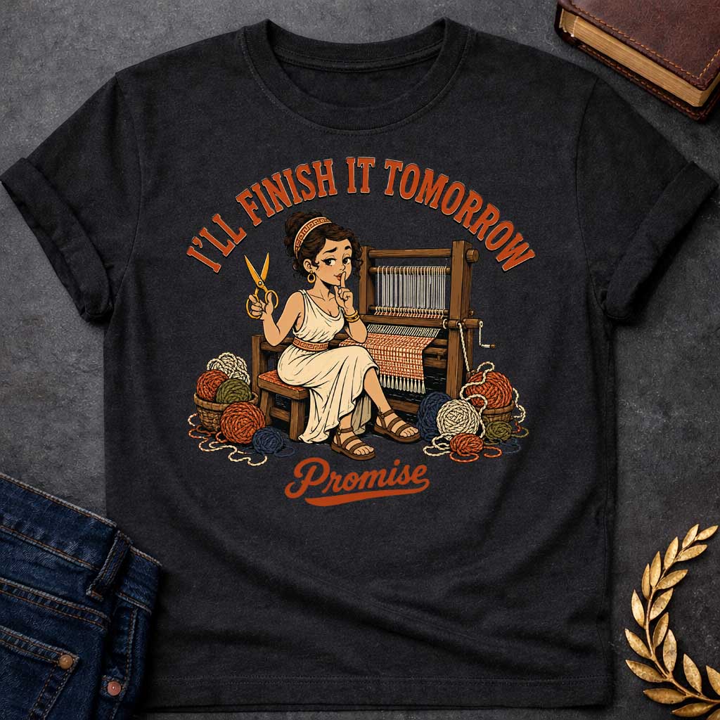 Black T-Shirt with a humorous cartoon of Penelope at a wooden loom, holding scissors and making a 'shh' gesture. She wears a cream chiton with Greek key pattern belt, with curly brown hair. Baskets of colorful yarn surround her. Text reads 'I'LL FINISH IT TOMORROW' above and 'Promise' below. Comedic reference to Penelope's famous delaying tactic of weaving and unweaving her shroud to avoid suitors, reframed as modern procrastination humor.