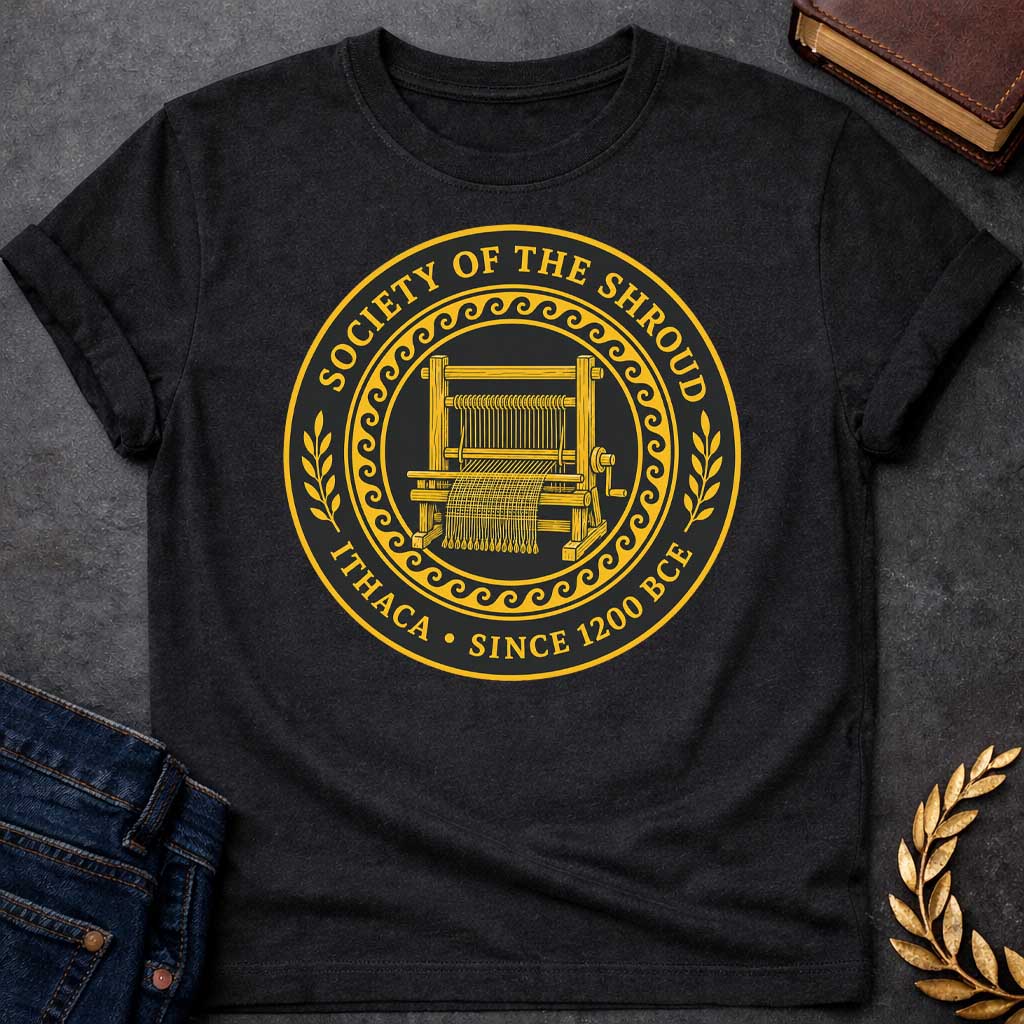 Black T-Shirt with a circular emblem in gold and black featuring a detailed weaving loom at the center with partially woven fabric. Enclosed by a decorative wave pattern border. Text reads 'SOCIETY OF THE SHROUD' around the top arc, with 'ITHACA • SINCE 1200 BCE' along the bottom. Wheat sheaf motifs flank either side. References Penelope's famous shroud-weaving from Homer's Odyssey, styled as a formal organizational seal with classical Greek design elements.