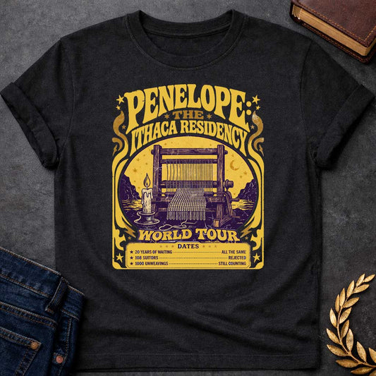 Black T-Shirt with a vintage concert poster parody in purple and gold featuring Penelope's loom. Text reads 'PENELOPE: THE ITHACA RESIDENCY' and 'WORLD TOUR' in distressed lettering. Central image shows a wooden loom with candle against a golden circular backdrop with cypress trees. Humorous tour dates list: '20 YEARS OF WAITING - ALL THE SAME', '108 SUITORS - REJECTED', '1000 UNWEAVINGS - STILL COUNTING.' Art Nouveau-style design with decorative flourishes references Penelope's faithful waiting in The Odys