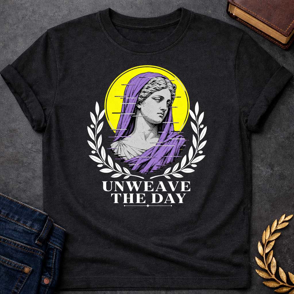 Black T-Shirt with a Modern vaporwave-style design featuring a classical Greek statue bust with digital glitch effect. Gray engraved figure wears purple veil against bright yellow circular background. Horizontal black glitch lines disrupt the image. Flanked by black olive branch wreaths. Bold text reads 'UNWEAVE THE DAY' below. References Penelope's nightly unweaving from The Odyssey, reimagined with contemporary digital aesthetic combining ancient Greek art with modern glitch art style.