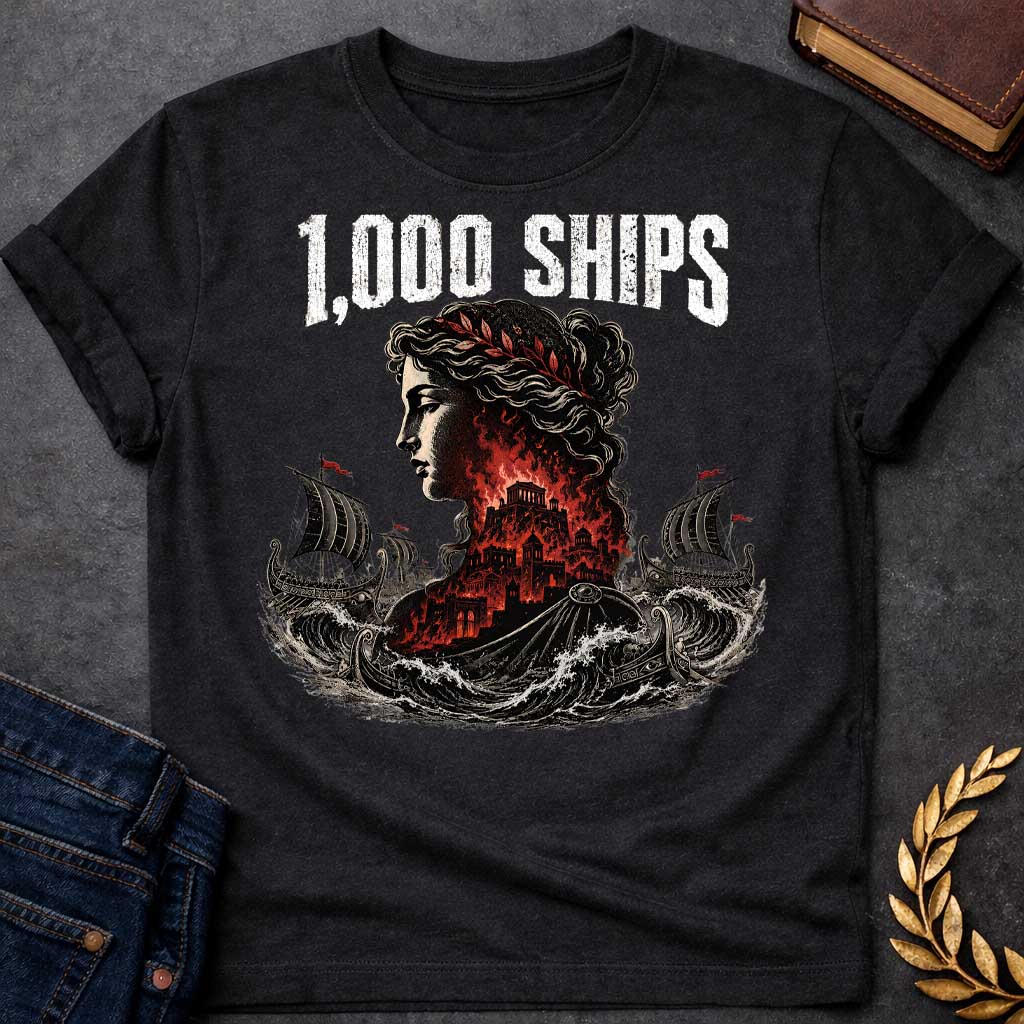 Black T-shirt with a dramatic illustration of Helen of Troy in profile with curly hair and red laurel crown. Her silhouette contains the burning city of Troy in red and black flames. Greek warships with red flags sail through turbulent waves on either side. Bold distressed text reads '1,000 SHIPS' above. References the famous phrase 'the face that launched a thousand ships' describing Helen's beauty that sparked the Trojan War.