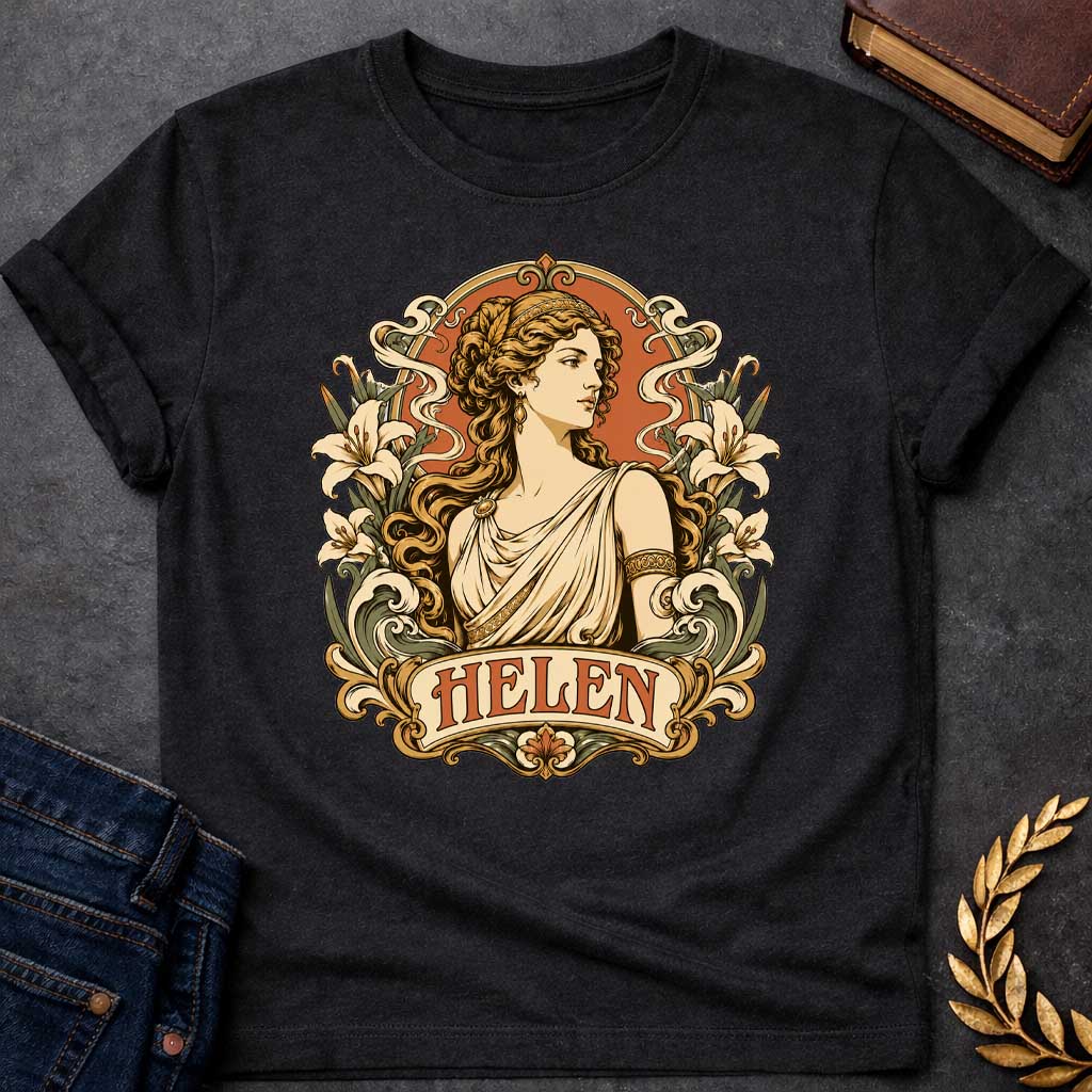 Black T-shirt with an Art Nouveau style t-shirt graphic featuring a profile portrait of Helen of Troy. She has flowing wavy hair, a gold headband, and an elegant cream-colored Greek chiton. The design is framed by an ornate, vintage border decorated with blooming white lilies and flowing ribbons. At the bottom, an elegant banner displays the name "HELEN" in an antique font, featuring a warm terracotta and muted green color palette