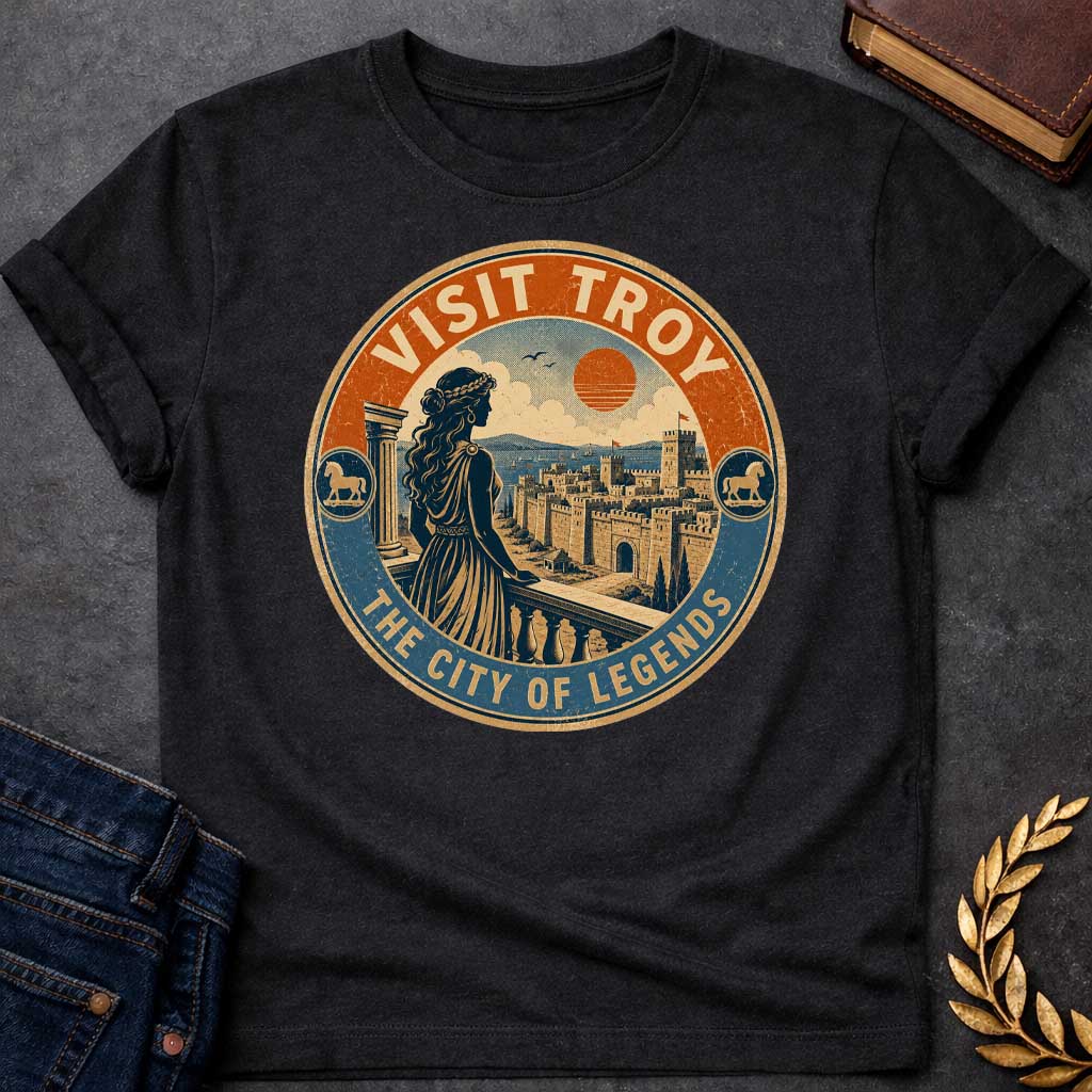 Black T-shirt with a vintage, distressed travel-badge style design. A woman in a Greek dress stands on a balcony, looking out at the walled city of Troy, the sea, and a setting orange sun. The circular logo has a textured cream, orange, and blue color palette. The top border reads "VISIT TROY" and the bottom reads "THE CITY OF LEGENDS." Small circular icons featuring the Trojan Horse accent both sides of the frame.