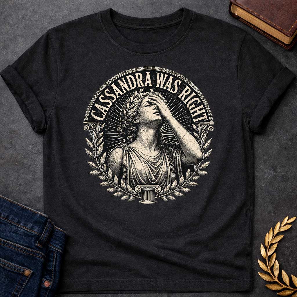Black T-shirt with a classical engraving-style illustration of Cassandra, the Trojan prophetess, looking upward with one hand raised to her forehead in anguish. She wears flowing Greek robes with decorative brooch and Greek key pattern trim. Surrounded by laurel wreaths and flanked by Ionic columns. Radiating lines create a dramatic halo effect. Text 'CASSANDRA WAS RIGHT' curves along the top within a Greek key border. References the tragic myth of Cassandra, cursed to see the future but never be believed.