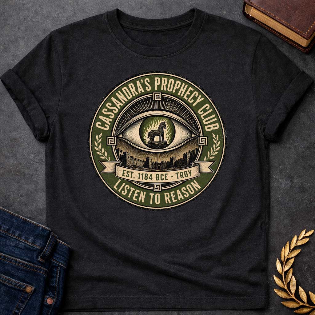 Black T-shirt with a Vintage circular badge in olive green, cream, and black featuring an all-seeing eye at center with the Trojan Horse surrounded by flames in the pupil. Below the eye are the walls of Troy. Text reads 'CASSANDRA'S PROPHECY CLUB' around the top arc, 'EST. 1184 BCE - TROY' on a banner, and 'LISTEN TO REASON' along the bottom. Wheat sheaves and Greek key patterns decorate the sides. Distressed texture. References Cassandra's ignored warnings about the Trojan Horse.