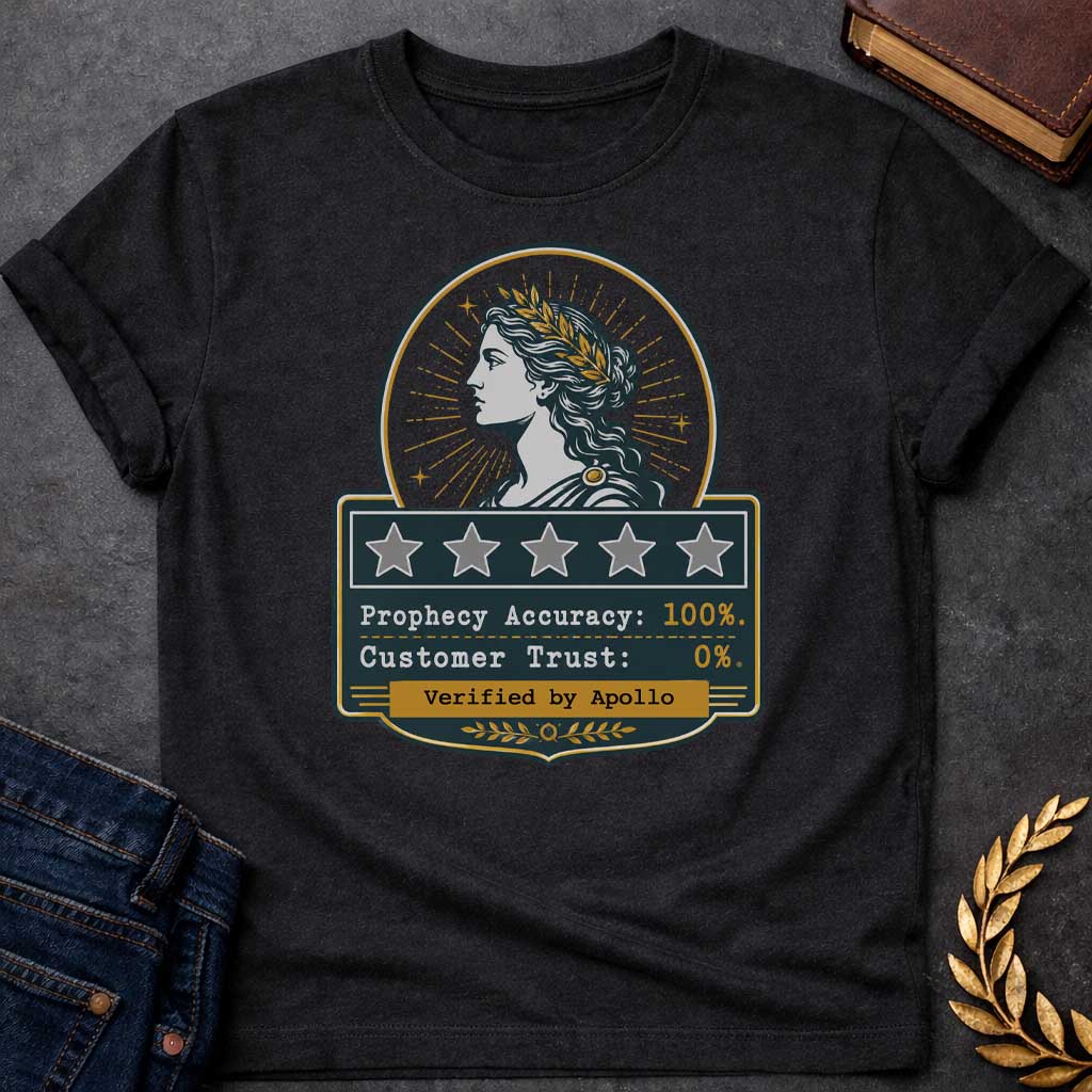 Black T-shirt with a satirical Greek mythology badge referencing Cassandra. The top features a vector profile of a woman wearing a gold laurel wreath with a radiant sunburst behind her. Below, a dark plaque displays five empty review stars. The text reads: "Prophecy Accuracy: 100%." and "Customer Trust: 0%." in a typewriter font. A gold banner at the bottom is stamped with "Verified by Apollo."