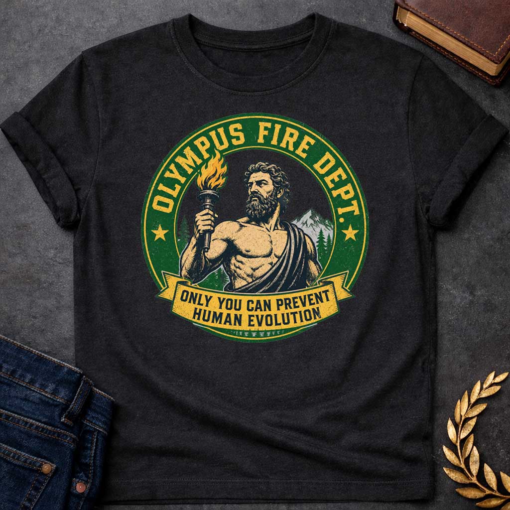 Black T-shirt with A satirical national park style badge featuring Prometheus or Zeus holding a burning torch. The central vector portrait is set against mountains and pine trees. A distressed green circular frame reads "OLYMPUS FIRE DEPT." in a bold yellow font flanked by two stars. A yellow banner draped across the bottom features the humorous tagline: "ONLY YOU CAN PREVENT HUMAN EVOLUTION" in clean block letters.