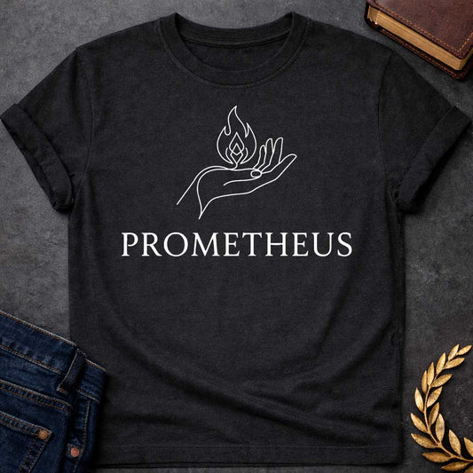 Black T-shirt with a Minimalist white line art illustration of an open hand holding a stylized flame above the palm. The continuous line drawing shows graceful fingers and a geometric fire symbol representing the gift of fire. Below, elegant serif text reads 'PROMETHEUS' in black. Clean, modern design references the Greek Titan who stole fire from the gods to give to humanity. Simple, symbolic imagery celebrating knowledge, innovation, and defiance of authority.