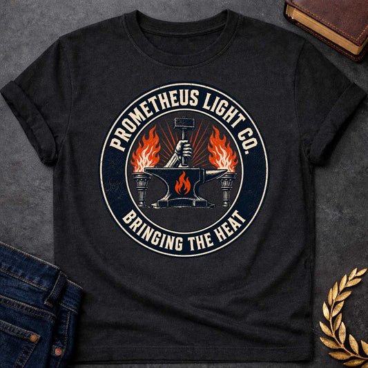 Black T-shirt with a vintage, distressed trade-logo style t-shirt design. The central graphic features a hand holding a blacksmith's hammer above a black anvil marked with an orange flame, flanked by two burning torches. A thick, dark circular frame encloses the scene, with cream-colored block text reading "PROMETHEUS LIGHT CO." arched along the top and the tagline "BRINGING THE HEAT" arched along the bottom