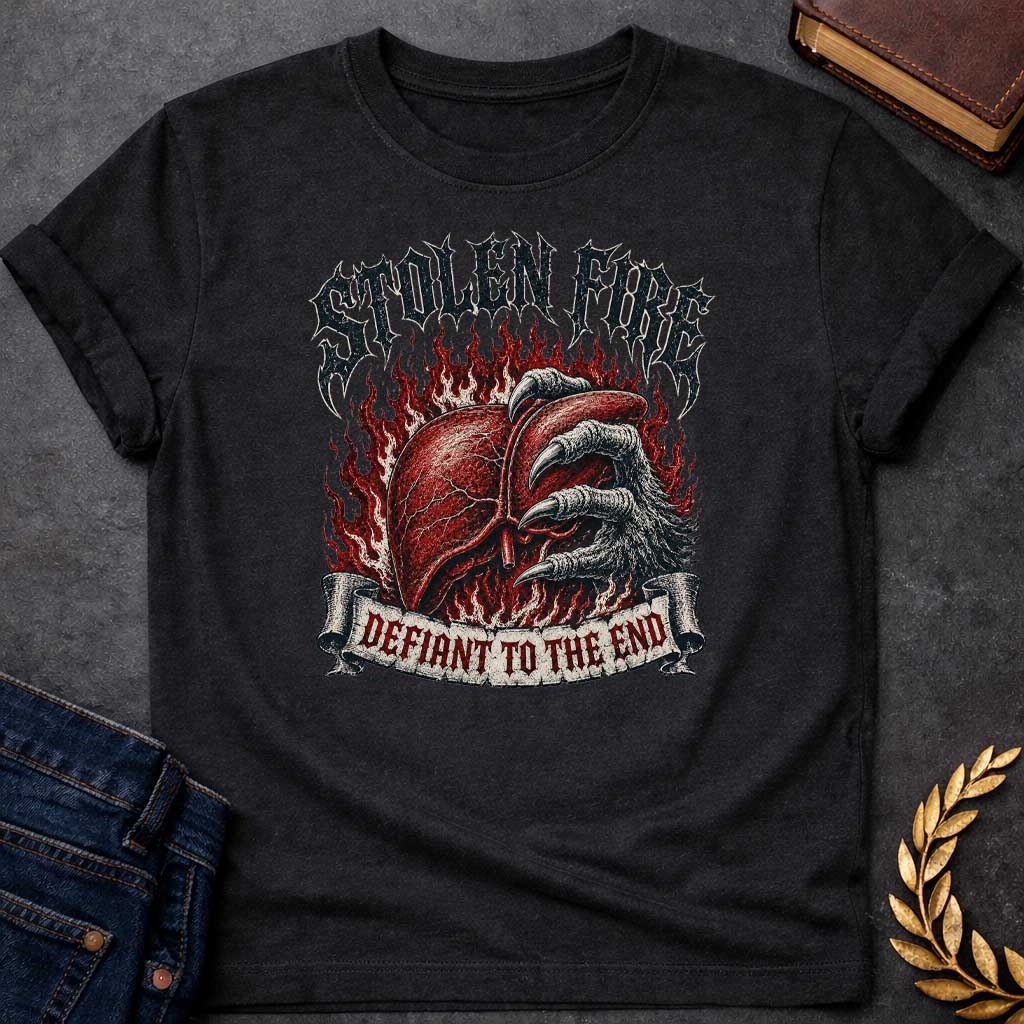 Black T-shirt with a heavy metal style graphic referencing Prometheus. It features a detailed, anatomical human liver gripped tightly by a large, feathered eagle claw, set against a background of roaring red flames. At the top, the words "STOLEN FIRE" are written in a jagged, distressed black metal font. A weathered scroll banner across the bottom reads "DEFIANT TO THE END" in a sharp, red gothic typeface.