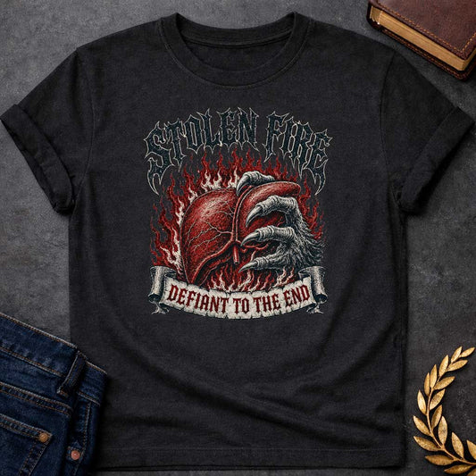 Black T-shirt with a heavy metal style graphic referencing Prometheus. It features a detailed, anatomical human liver gripped tightly by a large, feathered eagle claw, set against a background of roaring red flames. At the top, the words "STOLEN FIRE" are written in a jagged, distressed black metal font. A weathered scroll banner across the bottom reads "DEFIANT TO THE END" in a sharp, red gothic typeface.