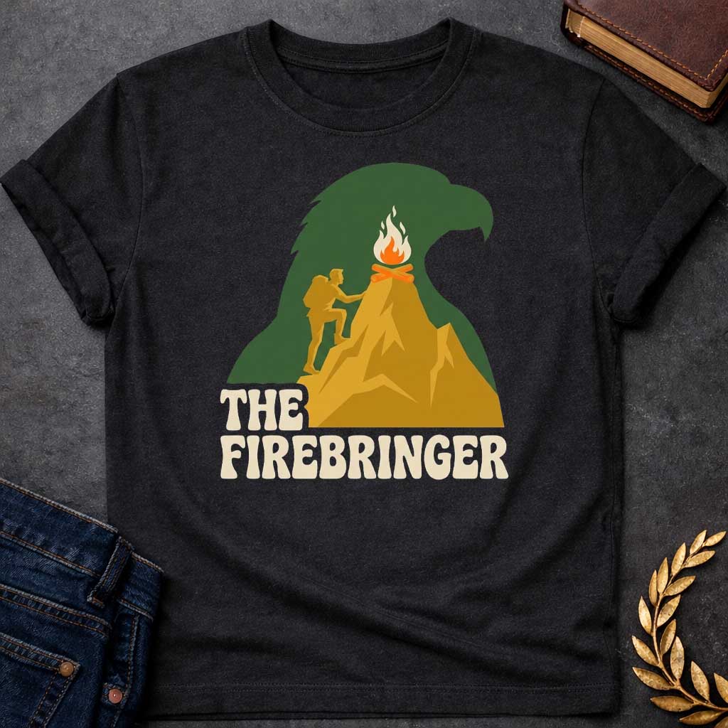 Black T-shirt with a retro, outdoor-style t-shirt graphic referencing Prometheus. It features a silhouette of a hiker with a backpack climbing a golden mountain peak toward a campfire at the summit. The entire mountain scene is set against a large background silhouette of an eagle's head in forest green. Below the image, the text "THE FIREBRINGER" is written in a bold, stylized 1970s-style cream font.