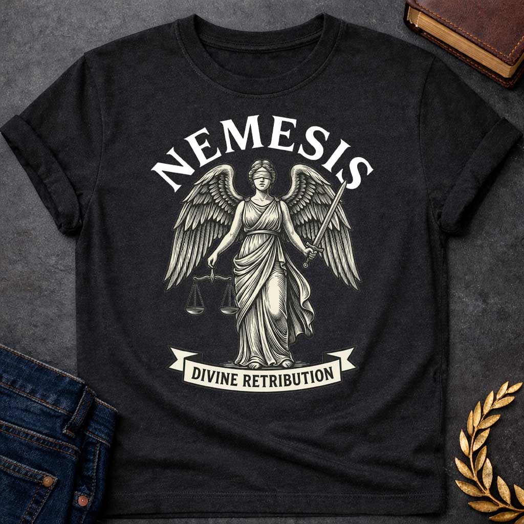 Black T-shirt with a Classical engraving-style illustration of Nemesis, the Greek goddess of divine retribution, depicted as a winged female figure in flowing robes. She holds balanced scales of justice in one hand and a sword in the other, symbolizing fair judgment and punishment. Her eyes are blindfolded. Bold text 'NEMESIS' curves above her head, with 'DIVINE RETRIBUTION' on a banner below. Black and cream line art style. References the goddess who ensures justice and punishes hubris.