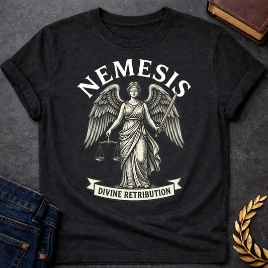 Black T-shirt with a Classical engraving-style illustration of Nemesis, the Greek goddess of divine retribution, depicted as a winged female figure in flowing robes. She holds balanced scales of justice in one hand and a sword in the other, symbolizing fair judgment and punishment. Her eyes are blindfolded. Bold text 'NEMESIS' curves above her head, with 'DIVINE RETRIBUTION' on a banner below. Black and cream line art style. References the goddess who ensures justice and punishes hubris.
