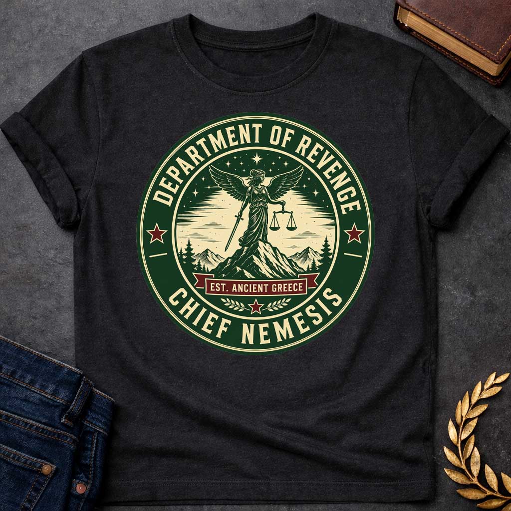 Black T-Shirt with an Official seal-style circular design in forest green, cream, and burgundy red. Features Nemesis, the winged Greek goddess, standing on a mountain peak holding scales of justice and a sword. Starry night sky, pine trees, and snow-capped mountains surround her. Text reads 'DEPARTMENT OF REVENGE' at top, 'CHIEF NEMESIS' at bottom, with 'EST. ANCIENT GREECE' on a burgundy banner. Red stars accent the design. Humorous parody of official government seals celebrating divine justice.