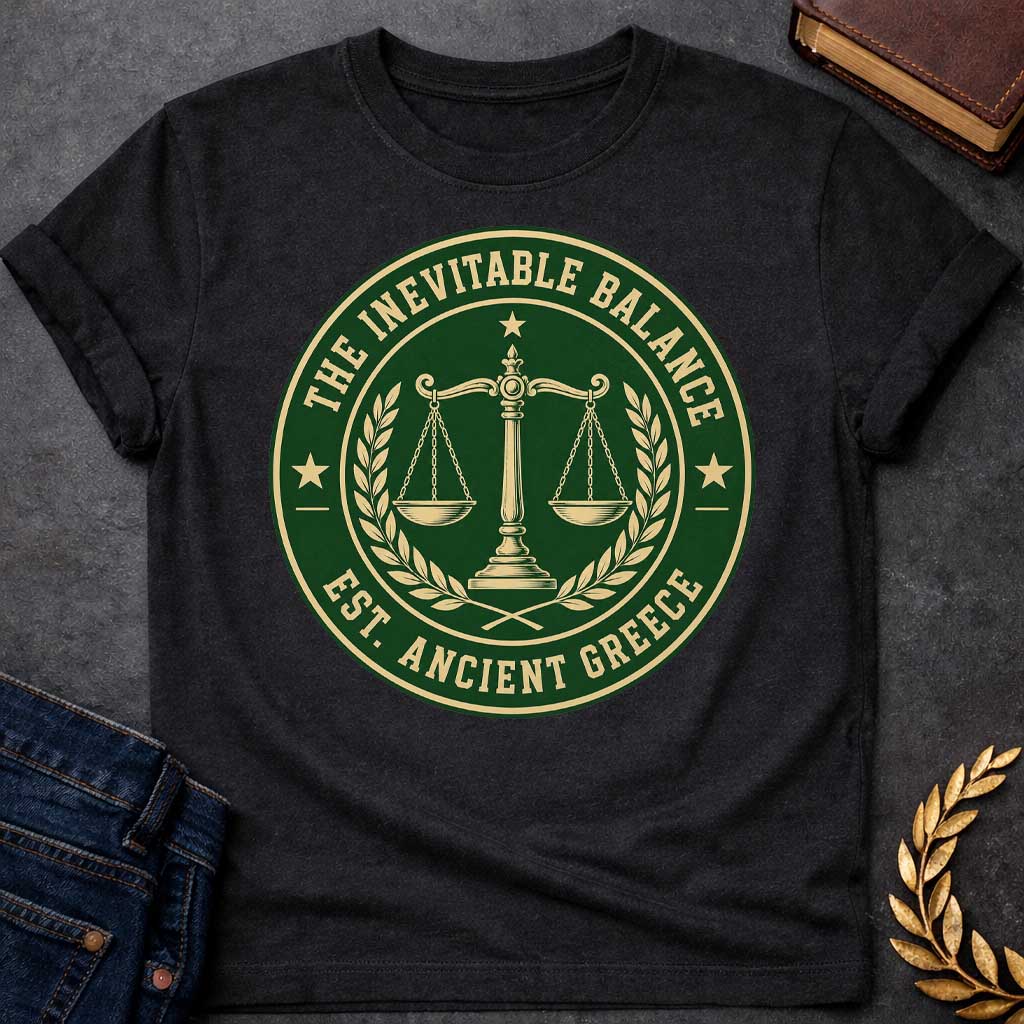 Black T-shirt with a Circular seal design in forest green and cream featuring balanced scales of justice at center, with a torch flame above. Olive wreaths frame the scales on either side. Stars appear at cardinal points. Text reads 'THE INEVITABLE BALANCE' around top arc and 'EST. ANCIENT GREECE' along the bottom. Classic emblem style referencing Nemesis, the Greek goddess of divine retribution and cosmic balance. Formal, authoritative design celebrating justice and equilibrium.