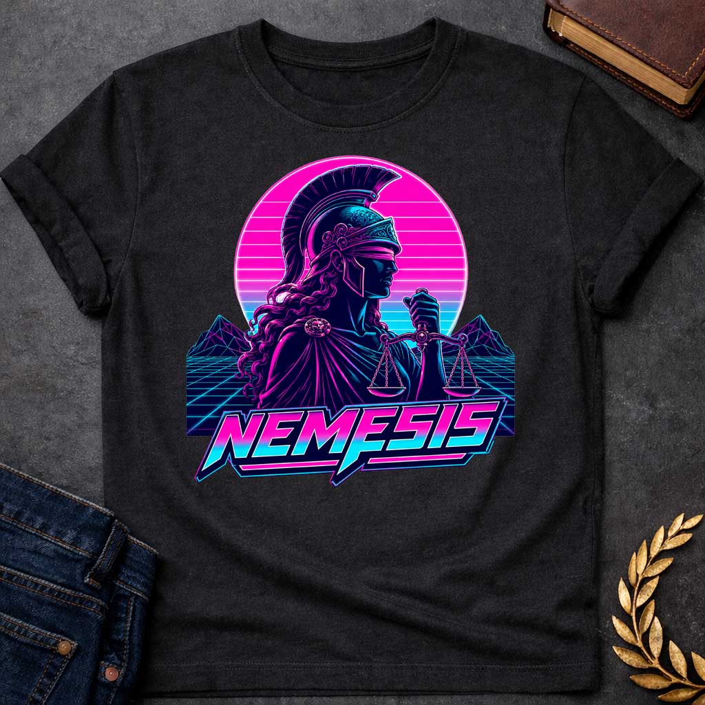 Black T-shirt with a vaporwave-style retro illustration of Nemesis, the Greek goddess of divine retribution, rendered in neon magenta, cyan, and purple. She wears a crested Corinthian helmet and flowing robes, holding scales of justice. Behind her, a geometric sun with horizontal gradient stripes in pink and blue. Stylized mountains and grid landscape below. Bold neon text reads 'NEMESIS' in futuristic lettering. 1980s synthwave aesthetic celebrating the goddess of  balance and justice.