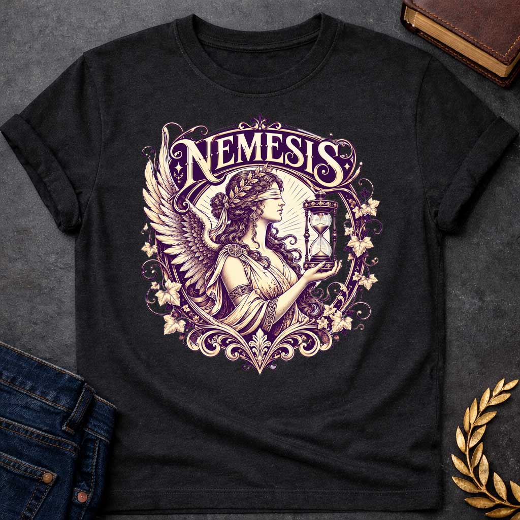 Black T-shirt with an Ornate Victorian-style illustration of Nemesis, the Greek goddess of divine retribution, rendered in purple and cream. She wears an ornate headband, flowing robes, and large detailed wings. She holds an hourglass symbolizing time and inevitability. Elaborate Art Nouveau decorative frame features scrolling flourishes, ivy leaves, and flowers surrounding the figure. Ornamental typography reads 'NEMESIS' at top in elegant serif lettering. References the goddess who ensures karmic justice 