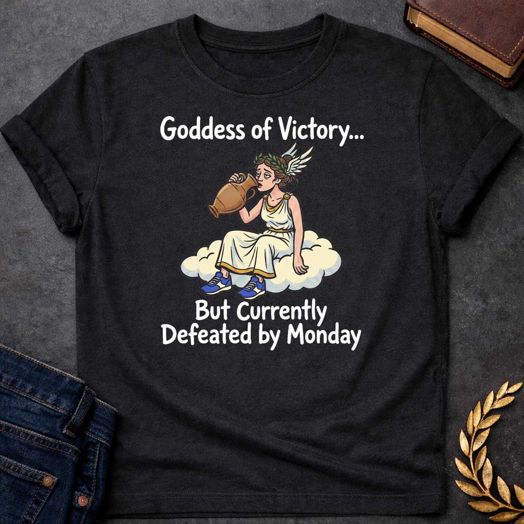 Black T-shirt with a humorous cartoon of Nike, the Greek goddess of victory, sitting exhausted on a cloud. She wears a cream chiton with gold trim and laurel wreath, holding a large victory amphora. Modern blue sneakers provide comedic contrast. Text reads 'Goddess of Victory...' above and 'But Currently Defeated by Monday' below. Blends classical Greek mythology with relatable modern humor about Monday exhaustion and weekly workplace struggles.