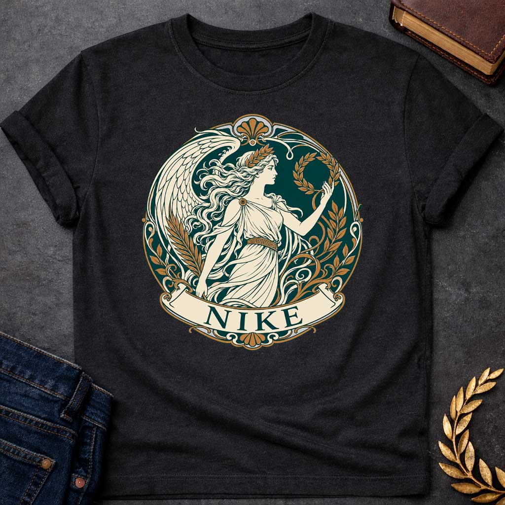 Black T-shirt with a Classical medallion design in teal, cream, and gold depicting Nike, the Greek goddess of victory. She wears a flowing chiton and holds a laurel wreath, shown in profile with long wavy hair crowned by another laurel wreath. Large detailed wings extend behind. Ornate Art Nouveau border features scrollwork, gold floral elements, and Greek key patterns. Banner below reads 'NIKE' in teal. Celebrates victory, achievement, and athletic glory in classical style.